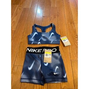 New Nike Pro Kids Dri Fit Sports Bra & Shorts Set Blue Swoosh Training Size S